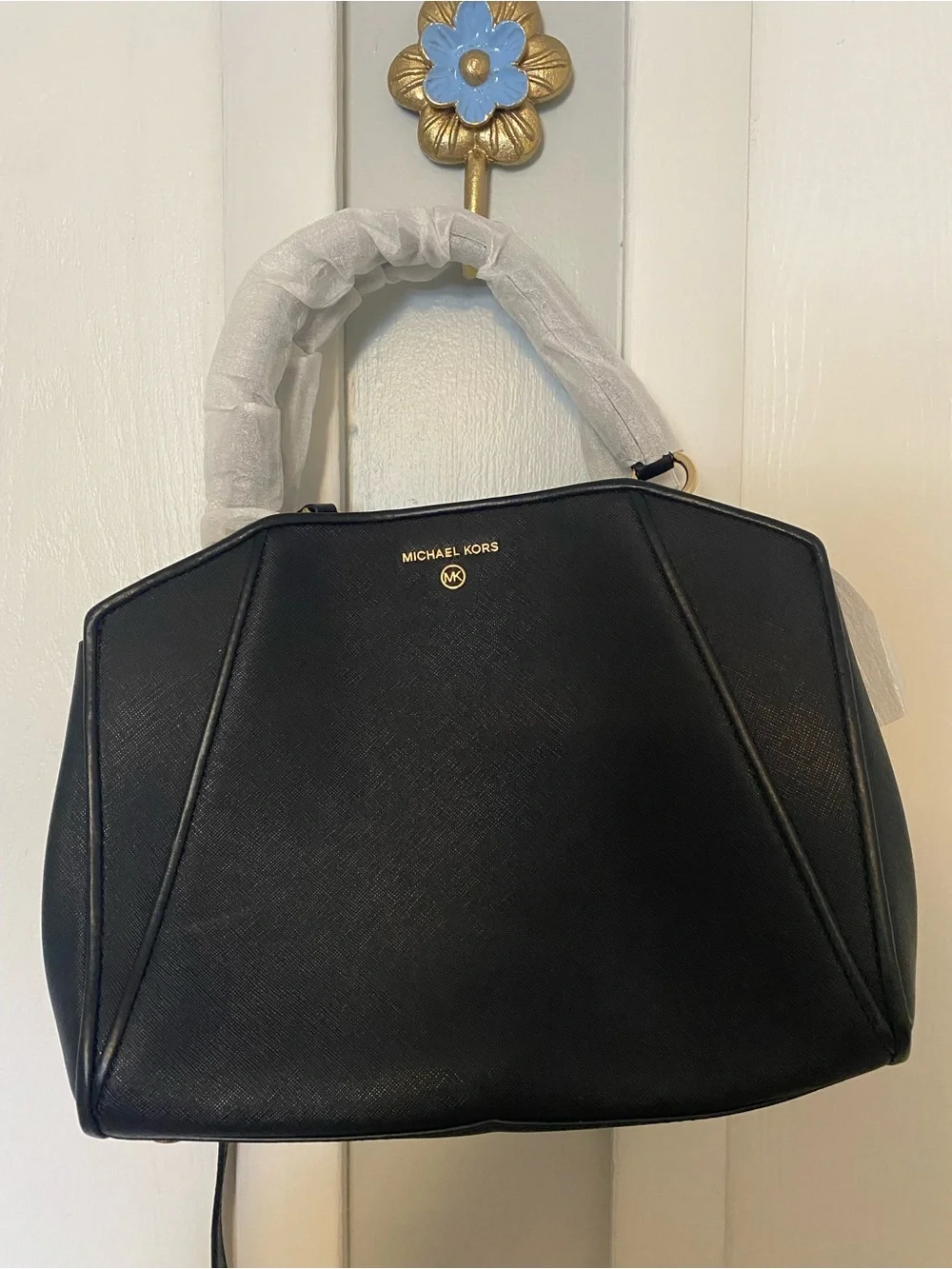 Michael Kors Black Saffiano Satchel with Gold Logo